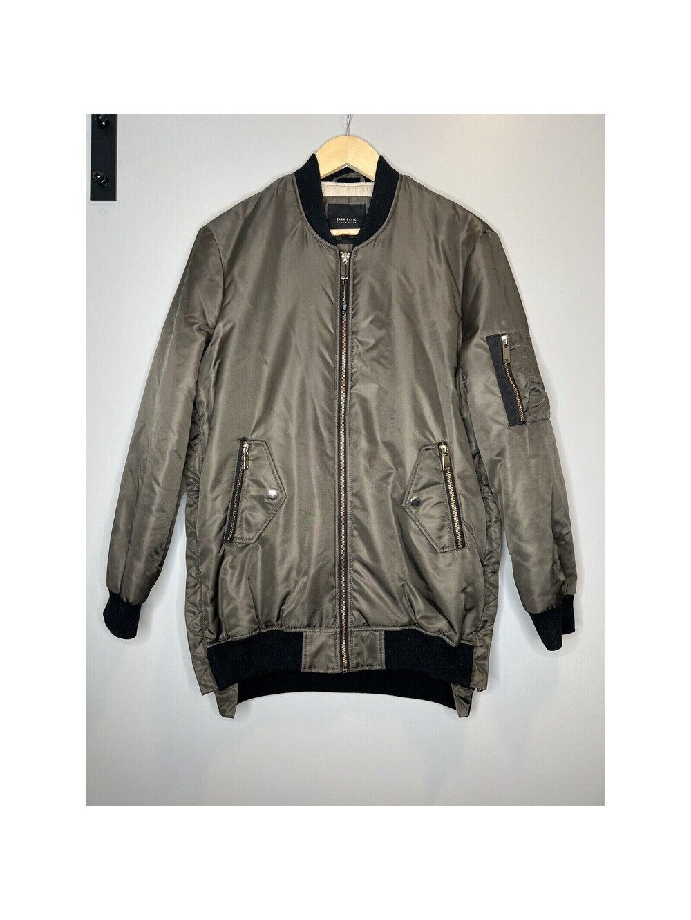 ZARA Basic Outerwear size XS Olive Green Zip Front long Bomber Jacket Womens